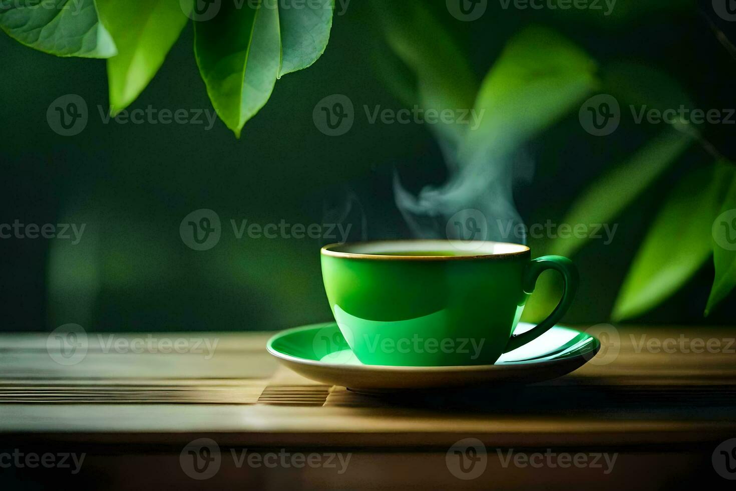 green tea cup on a wooden table. AI-Generated photo