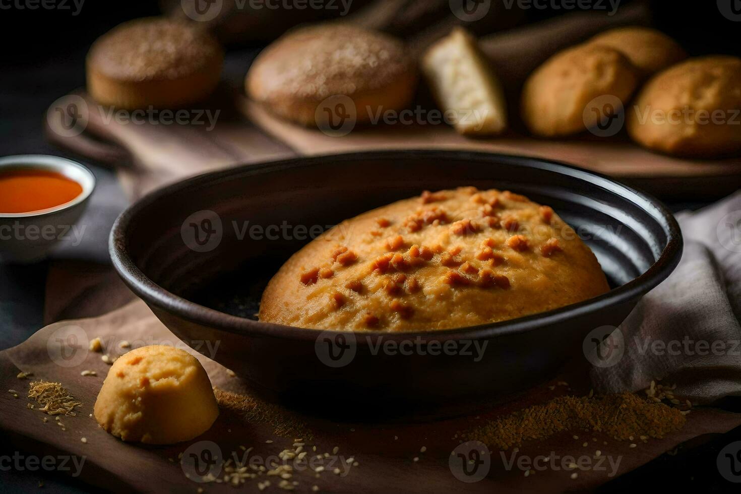 a bowl of bread with cheese and spices. AI-Generated photo