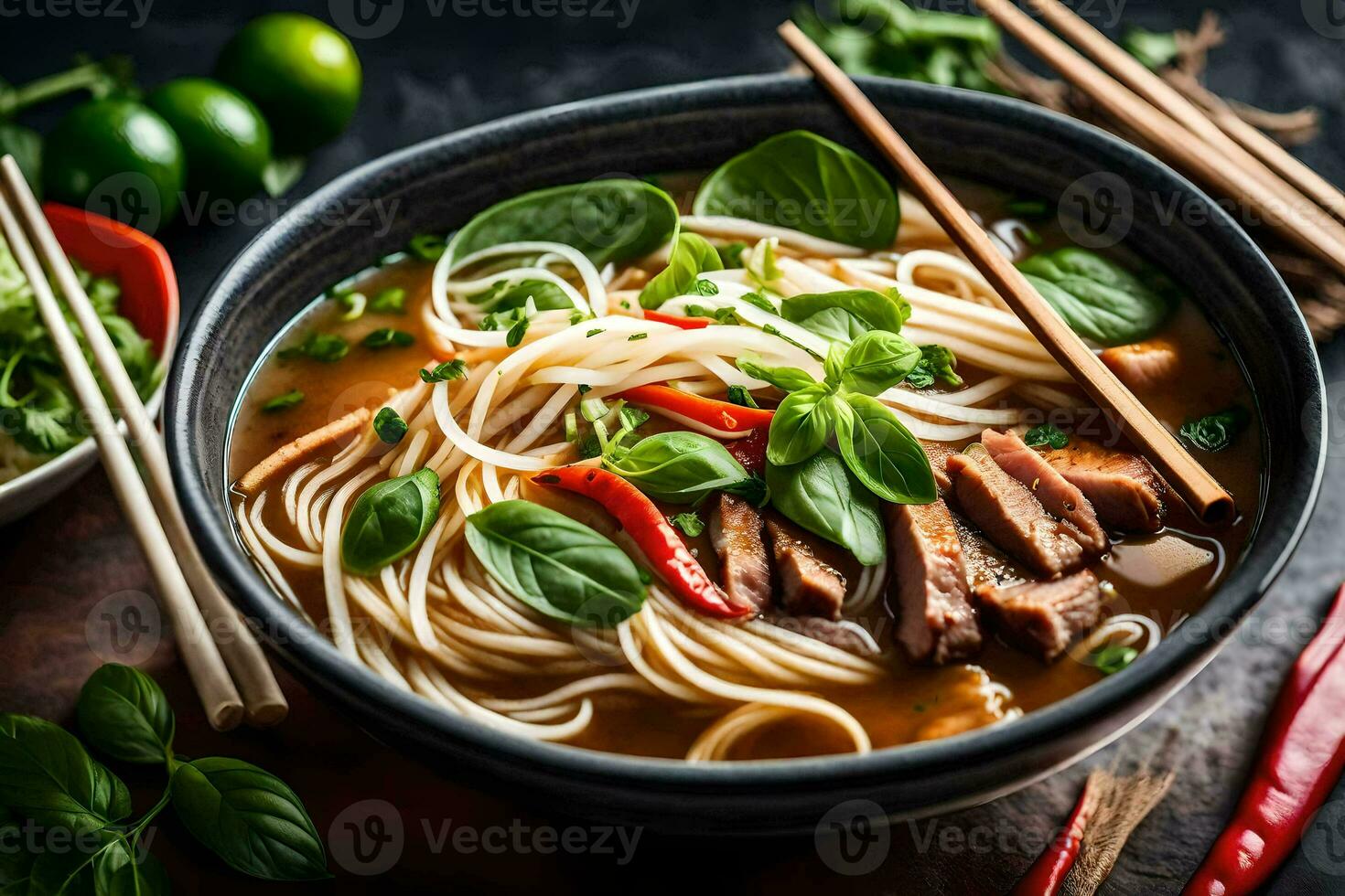 chinese noodles with meat and vegetables in a bowl. AI-Generated photo