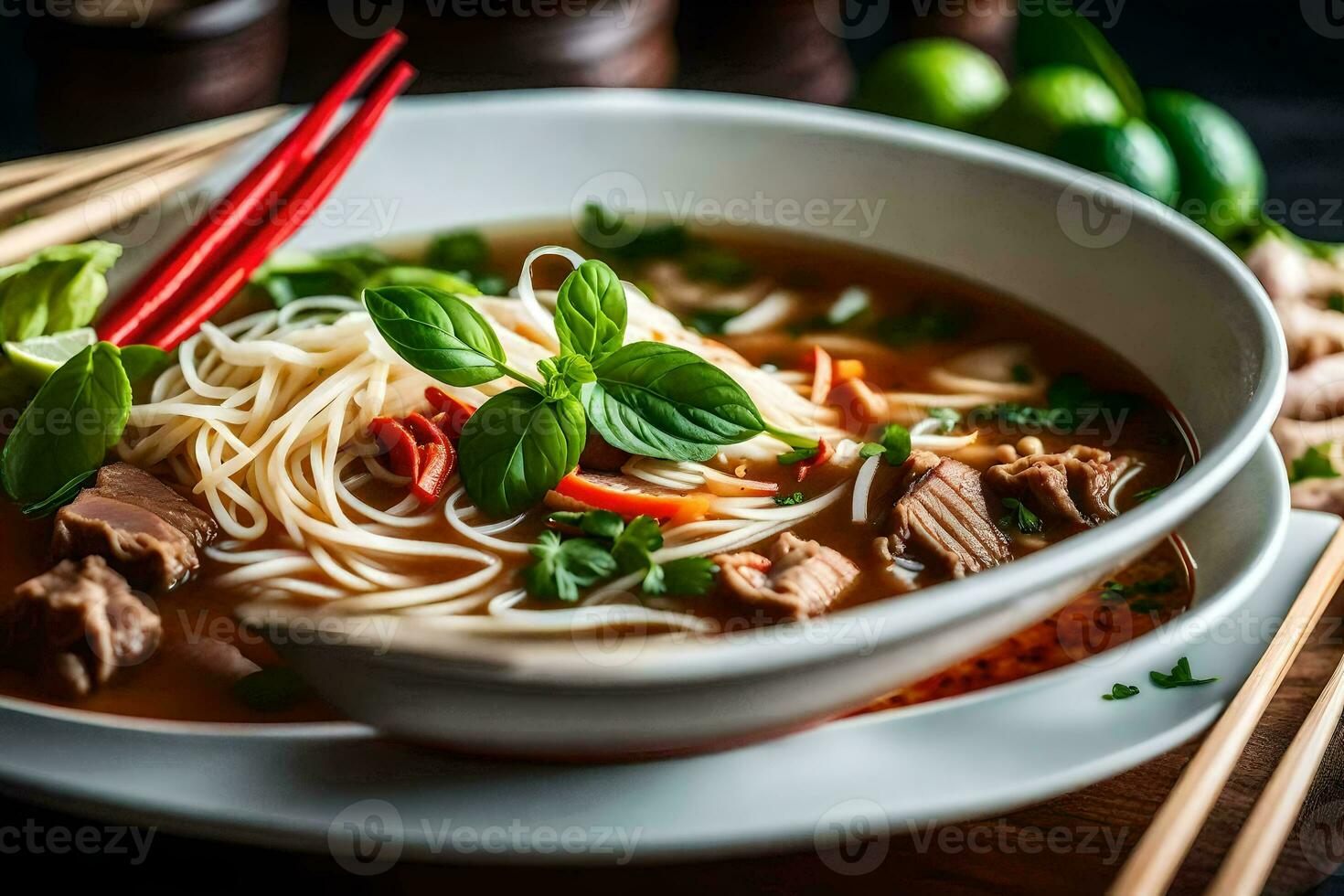 a bowl of pho with meat and vegetables. AI-Generated photo