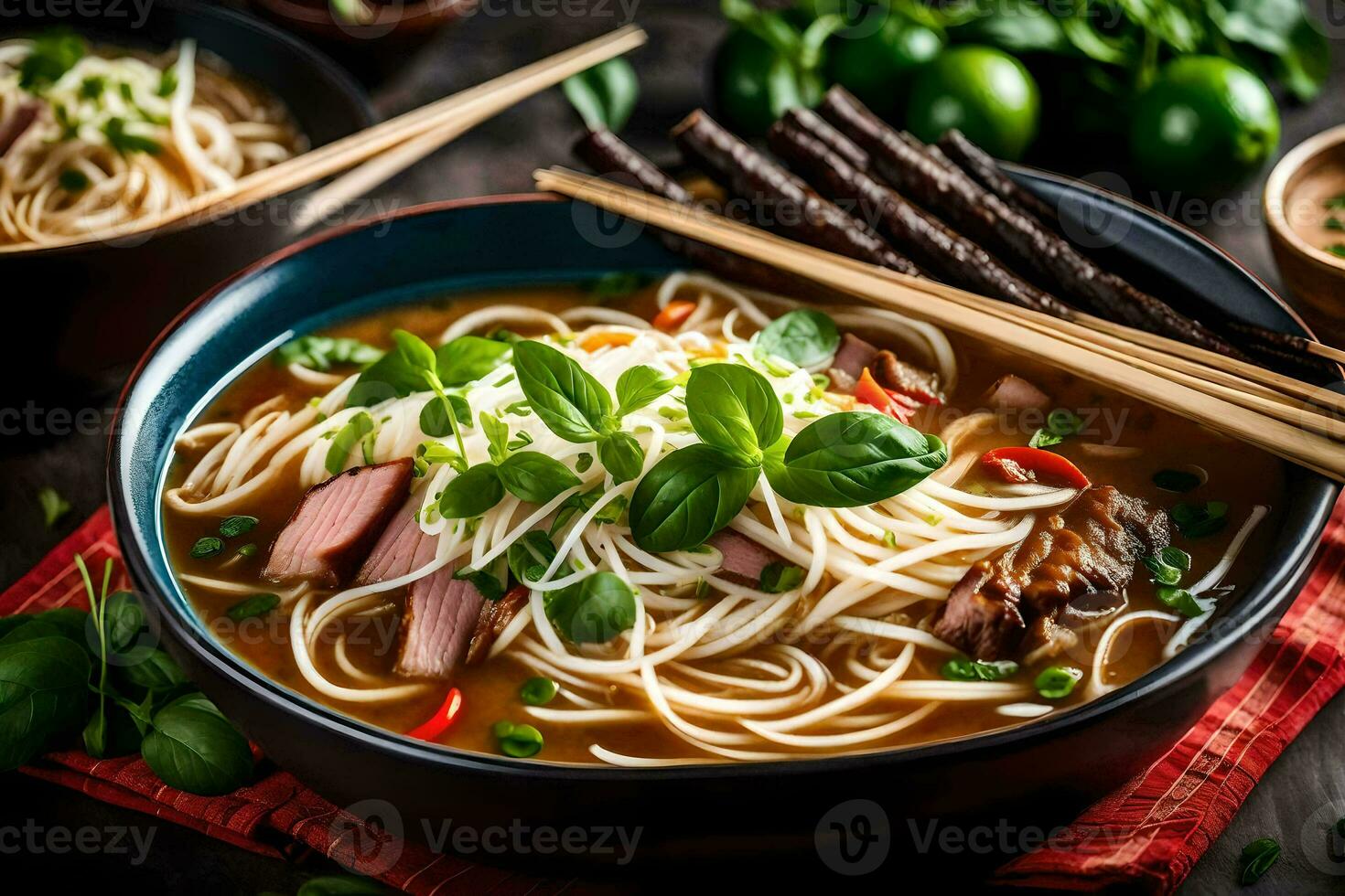 chinese noodles in a bowl with chopsticks and vegetables. AI-Generated photo