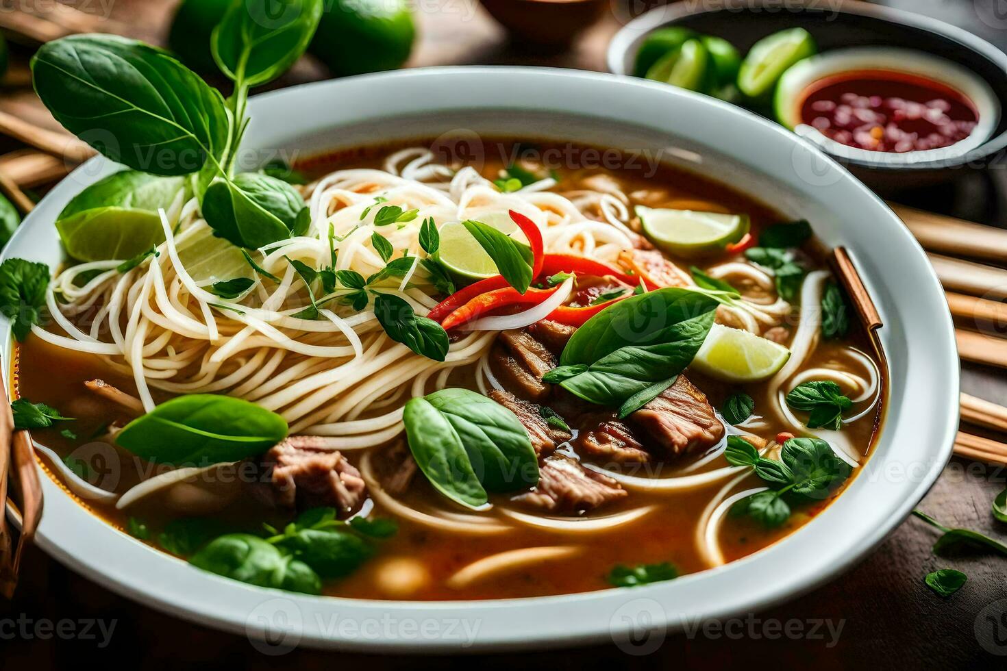 a bowl of pho soup with beef and vegetables. AI-Generated photo