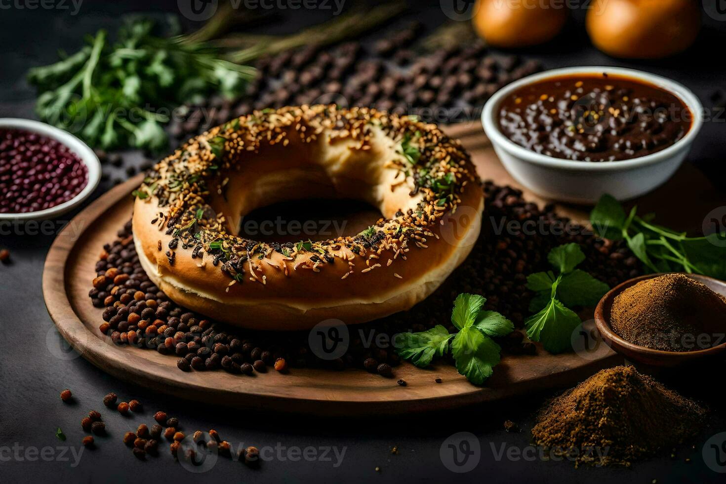 bagel with spices and herbs on a dark background. AI-Generated photo
