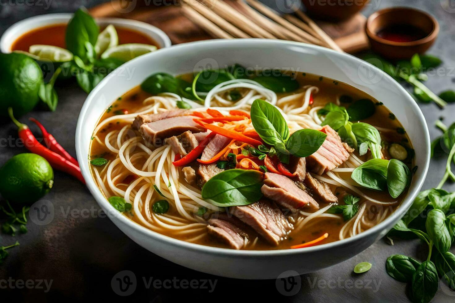 a bowl of asian noodle soup with meat and vegetables. AI-Generated photo