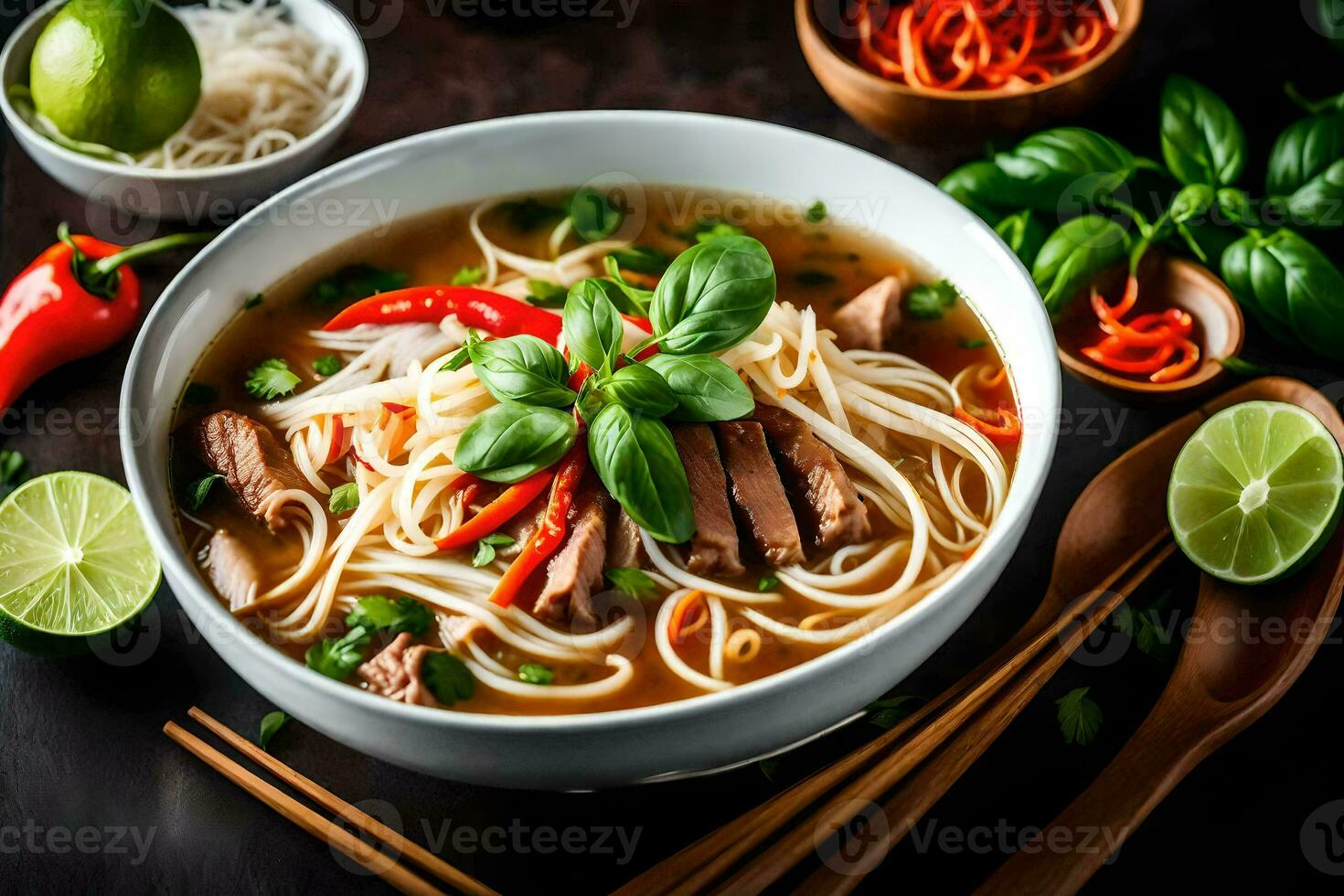 a bowl of pho with beef, vegetables and herbs. AI-Generated photo