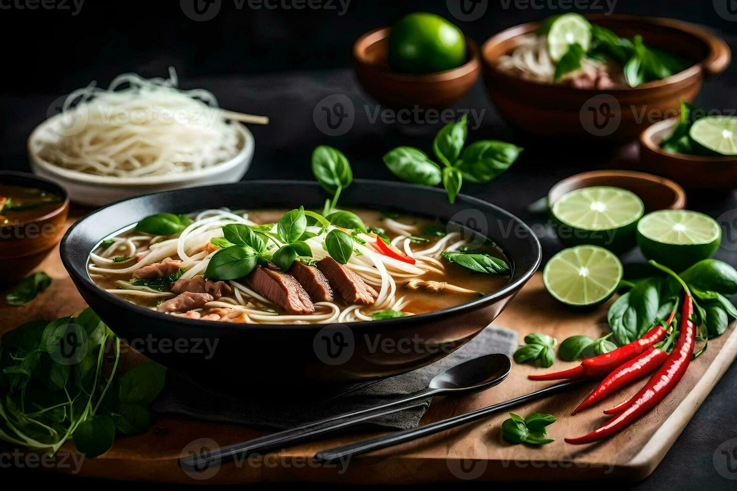 thai beef noodle soup with basil and lime. AI-Generated photo