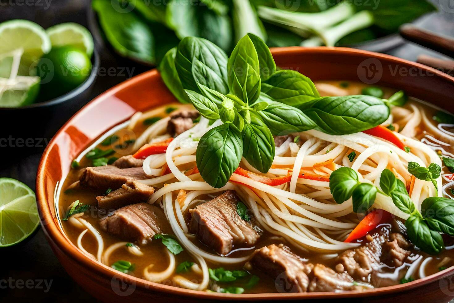 un cuenco de carne de vaca fideos sopa con carne de res, albahaca y Lima. generado por ai foto