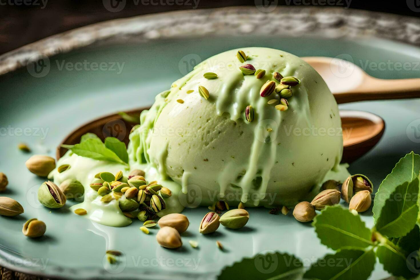 pistachio ice cream with pistachio nuts and mint leaves. AI-Generated photo