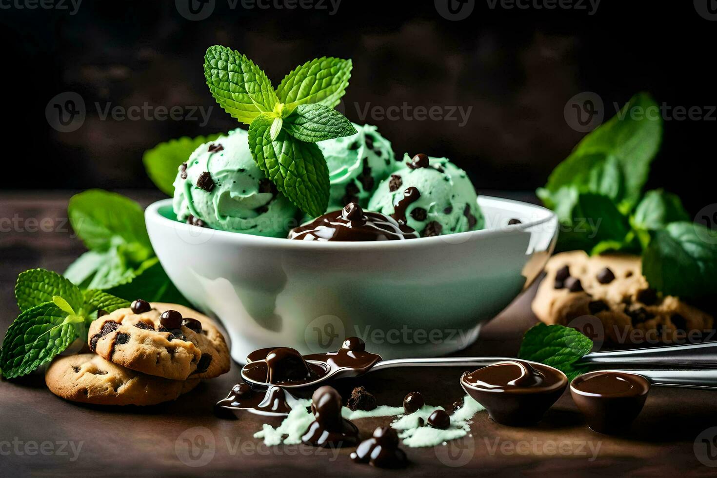 chocolate mint ice cream with cookies and mint leaves. AI-Generated photo