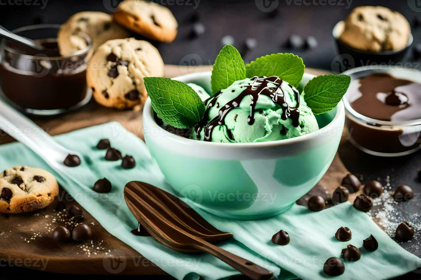 chocolate chip cookies and mint ice cream. AI-Generated photo