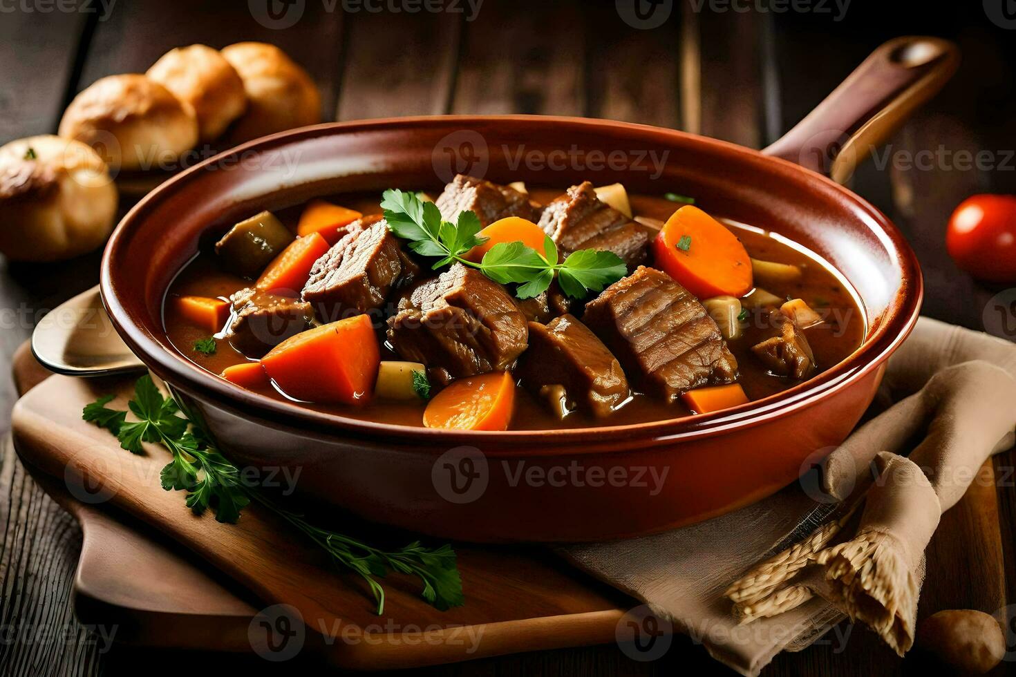 beef stew in a brown bowl on a wooden table. AI-Generated photo