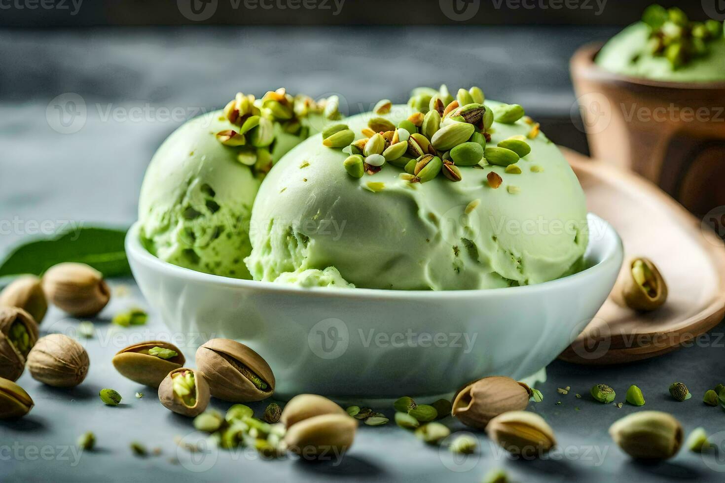 pistachio ice cream in a bowl with pistachio nuts. AI-Generated photo