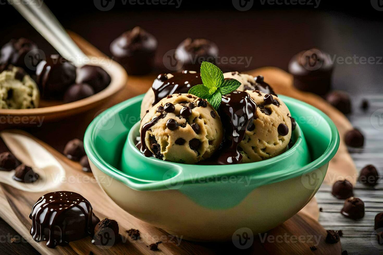 chocolate chip ice cream in a bowl with chocolate chips. AI-Generated photo