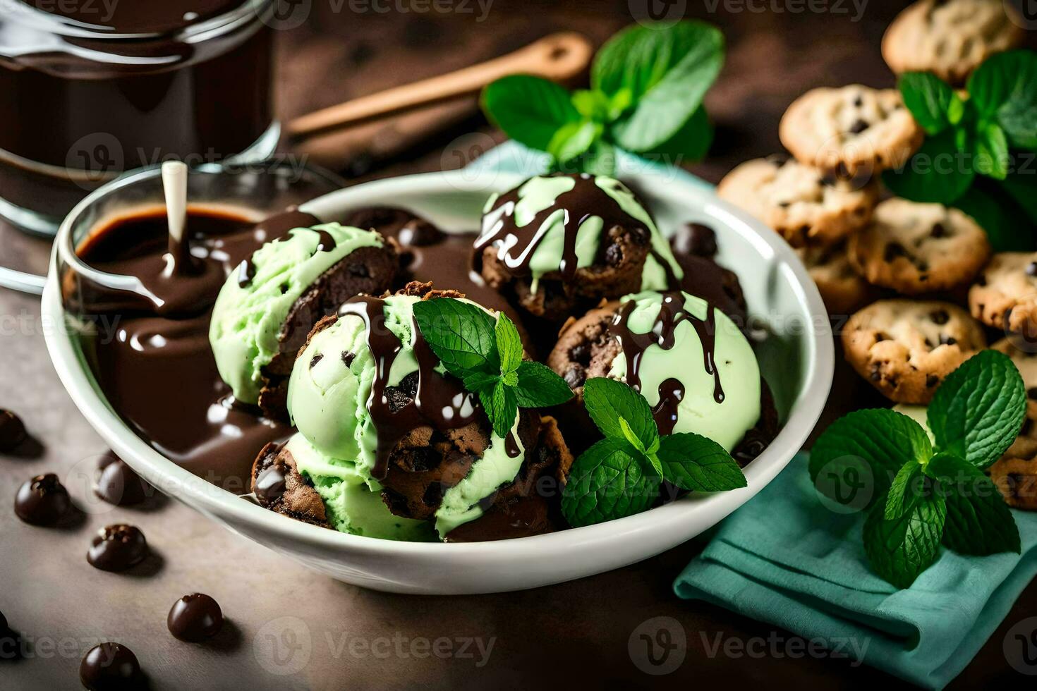 chocolate ice cream with mint leaves and cookies. AI-Generated photo