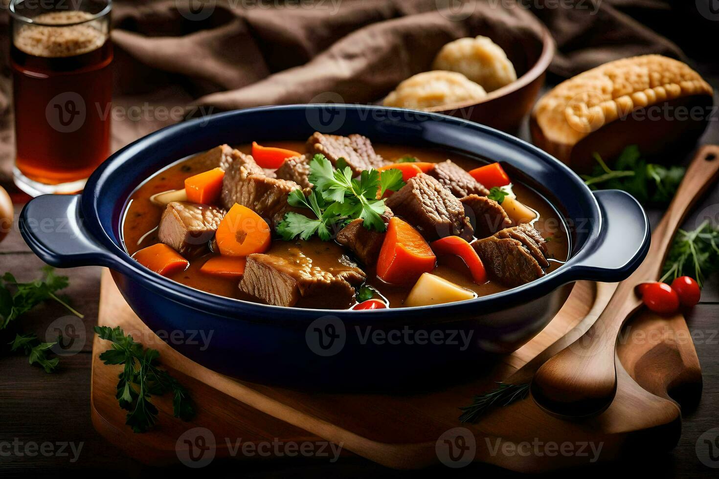 a bowl of beef stew with vegetables and bread. AI-Generated photo