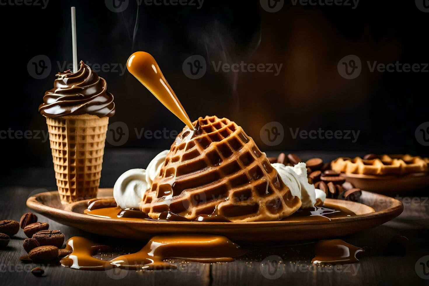 the waffle is topped with chocolate sauce and a waffle cone. AI-Generated photo