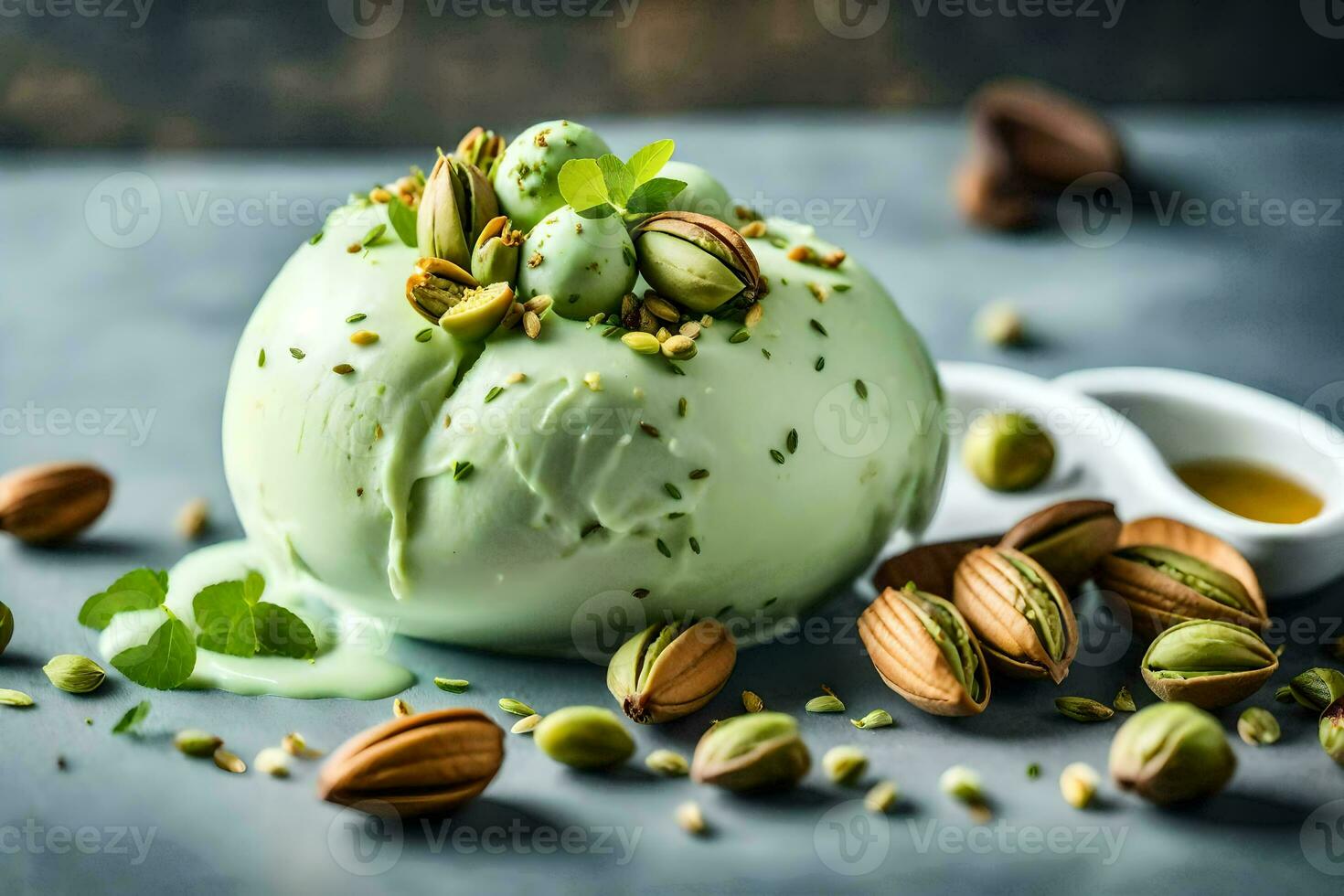 pistacho hielo crema con pistacho nueces y menta hojas. generado por ai foto