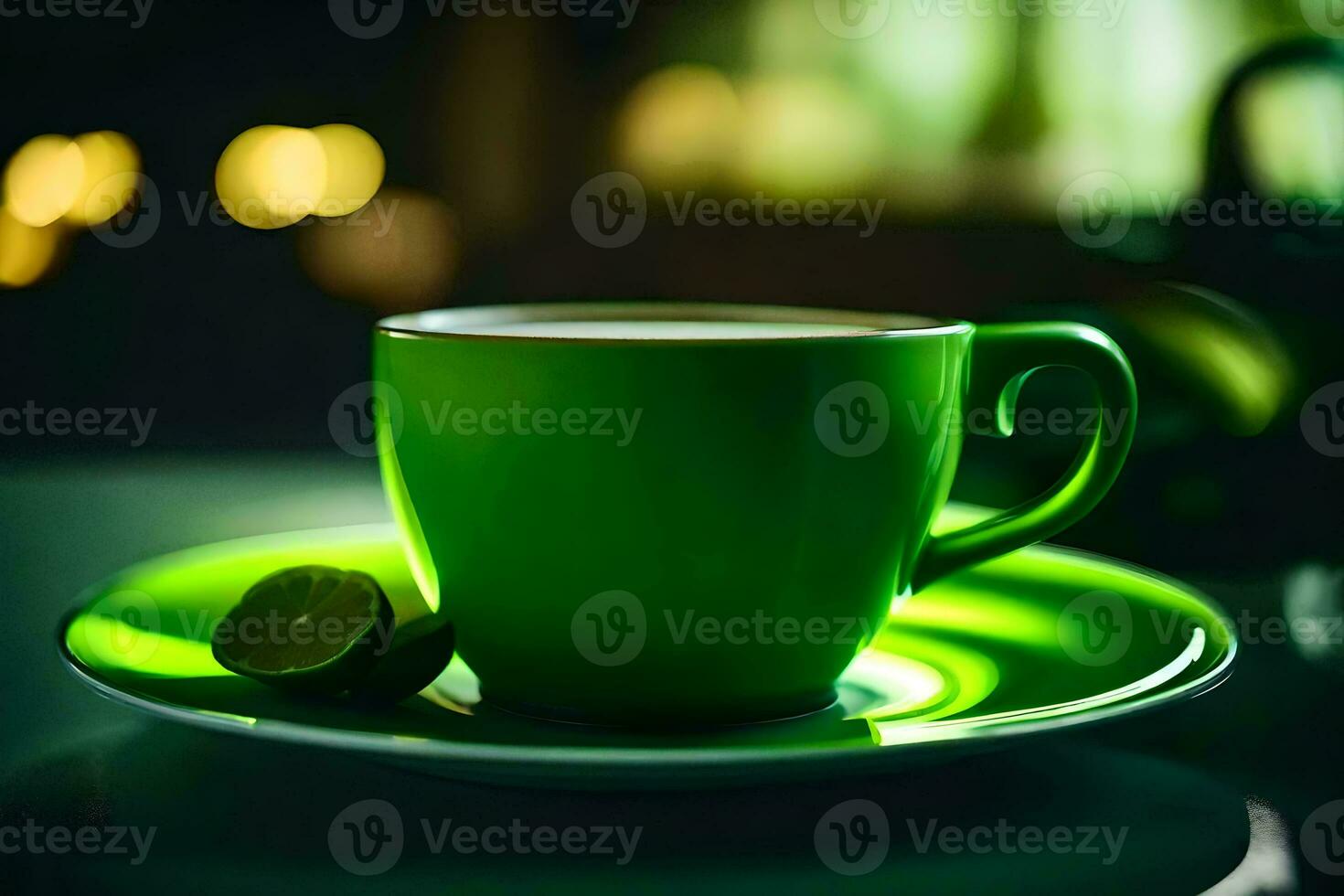 a green cup and saucer on a table. AI-Generated photo