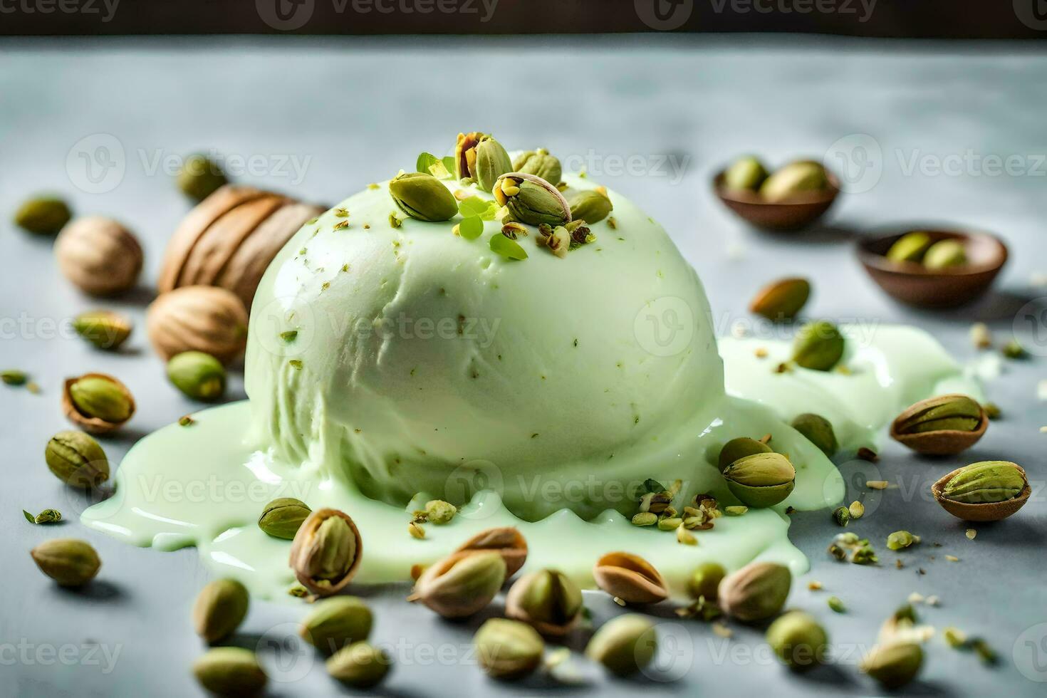 pistachio ice cream with pistachio nuts. AI-Generated photo