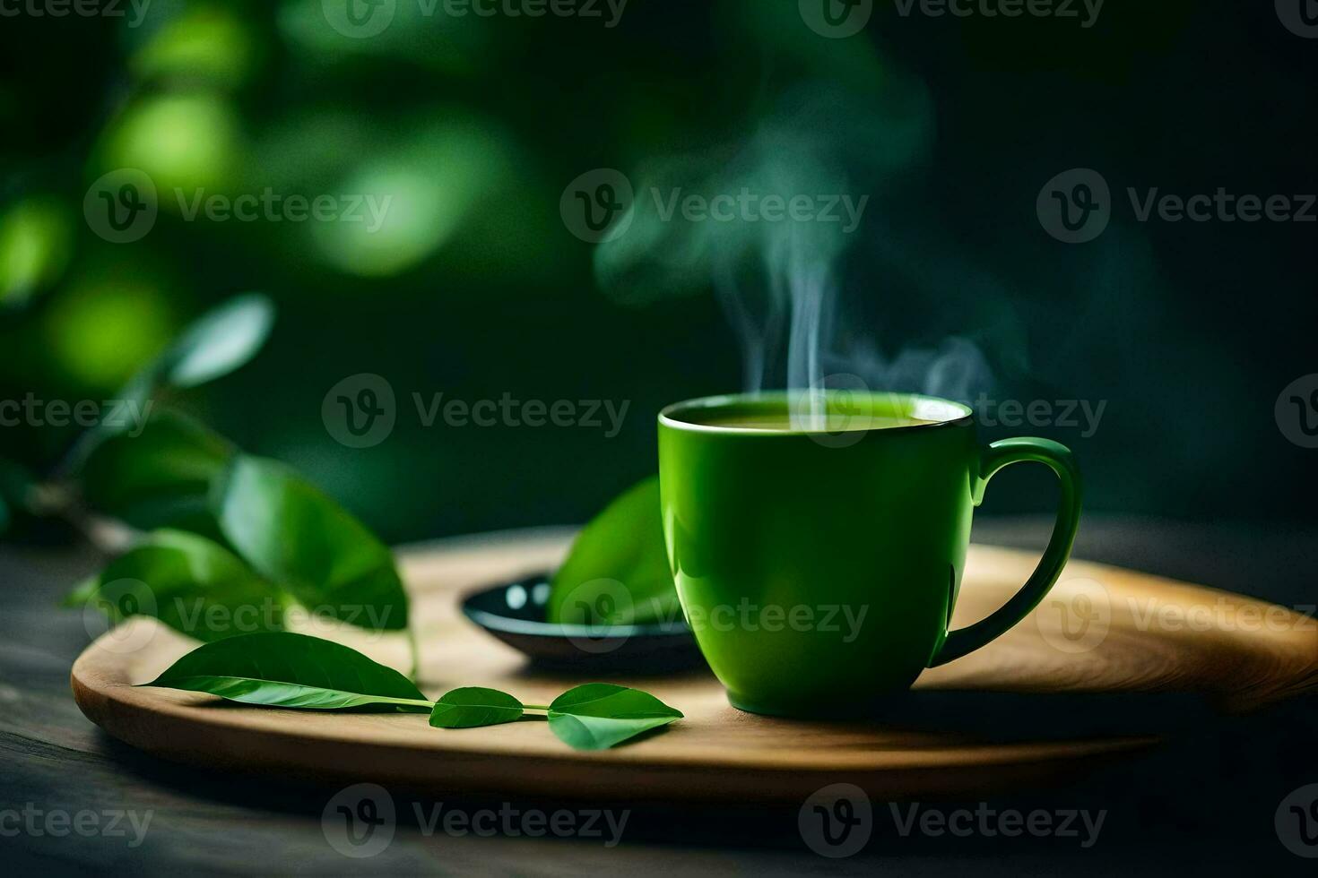 a cup of green tea on a wooden tray. AI-Generated photo