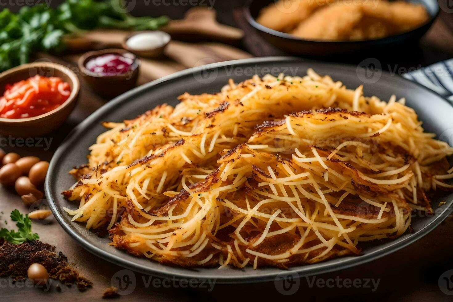 a plate of noodles with sauce and other ingredients. AI-Generated photo