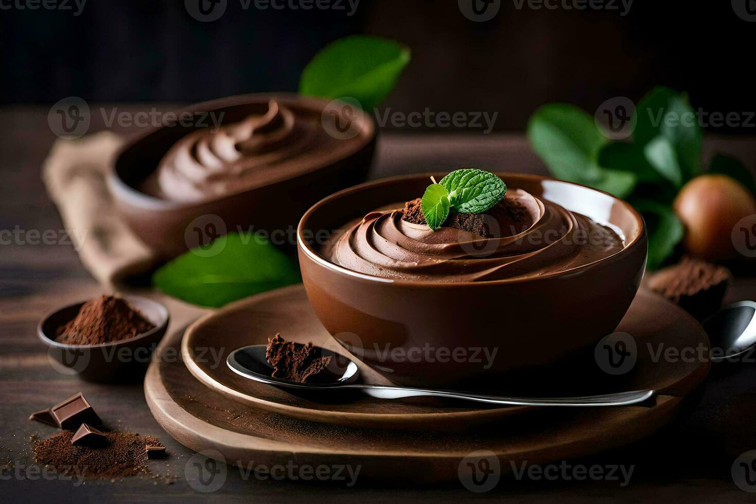 chocolate pudding in a bowl. AI-Generated photo