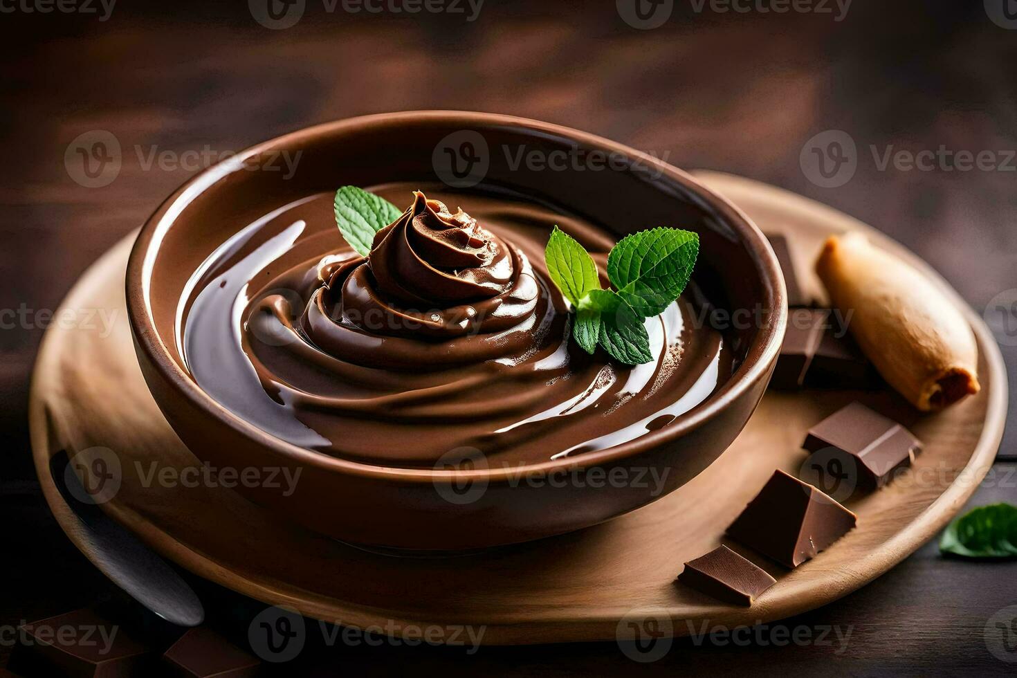 chocolate pudding in a bowl. AI-Generated photo