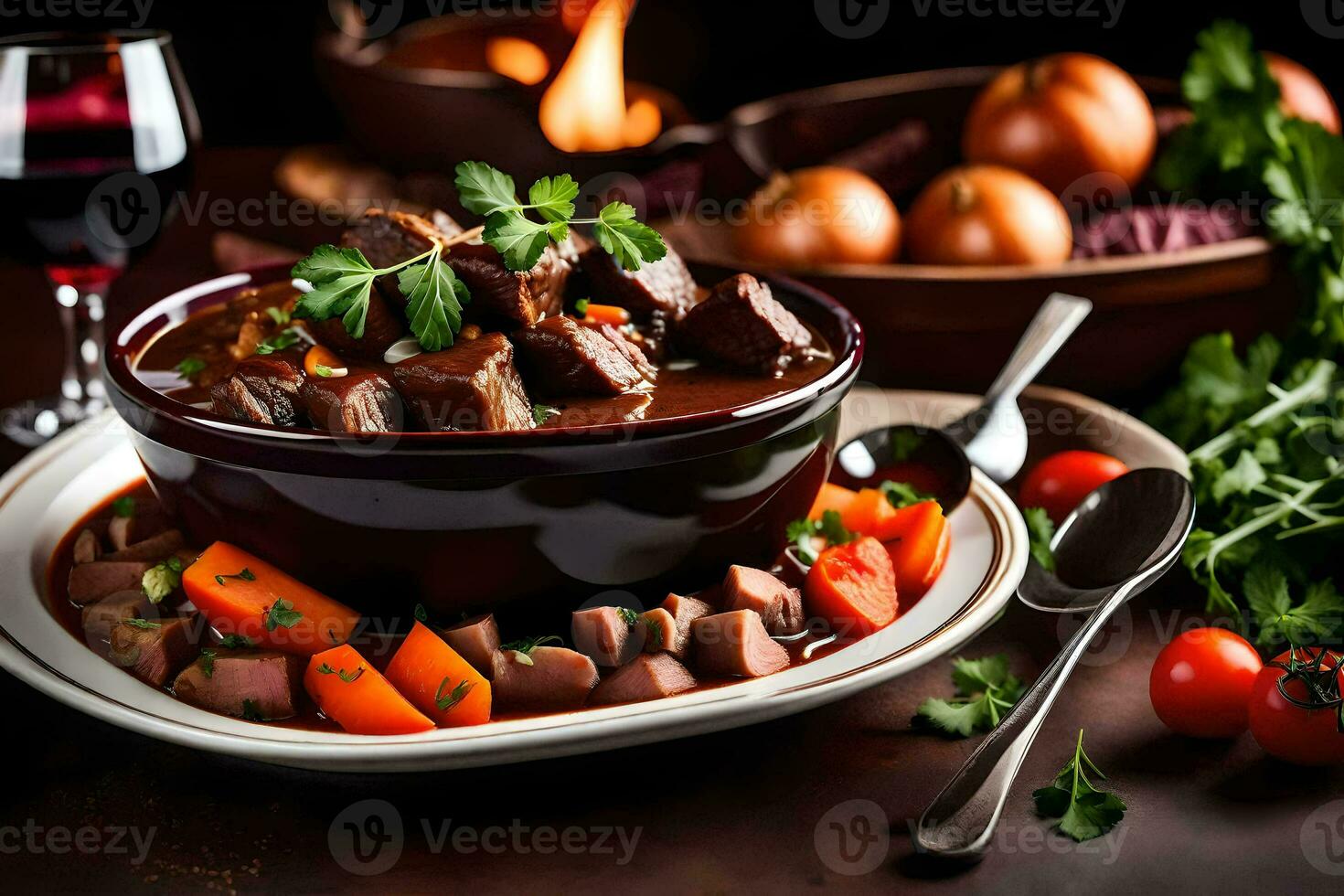 a bowl of beef stew with vegetables and a glass of red wine. AI-Generated photo