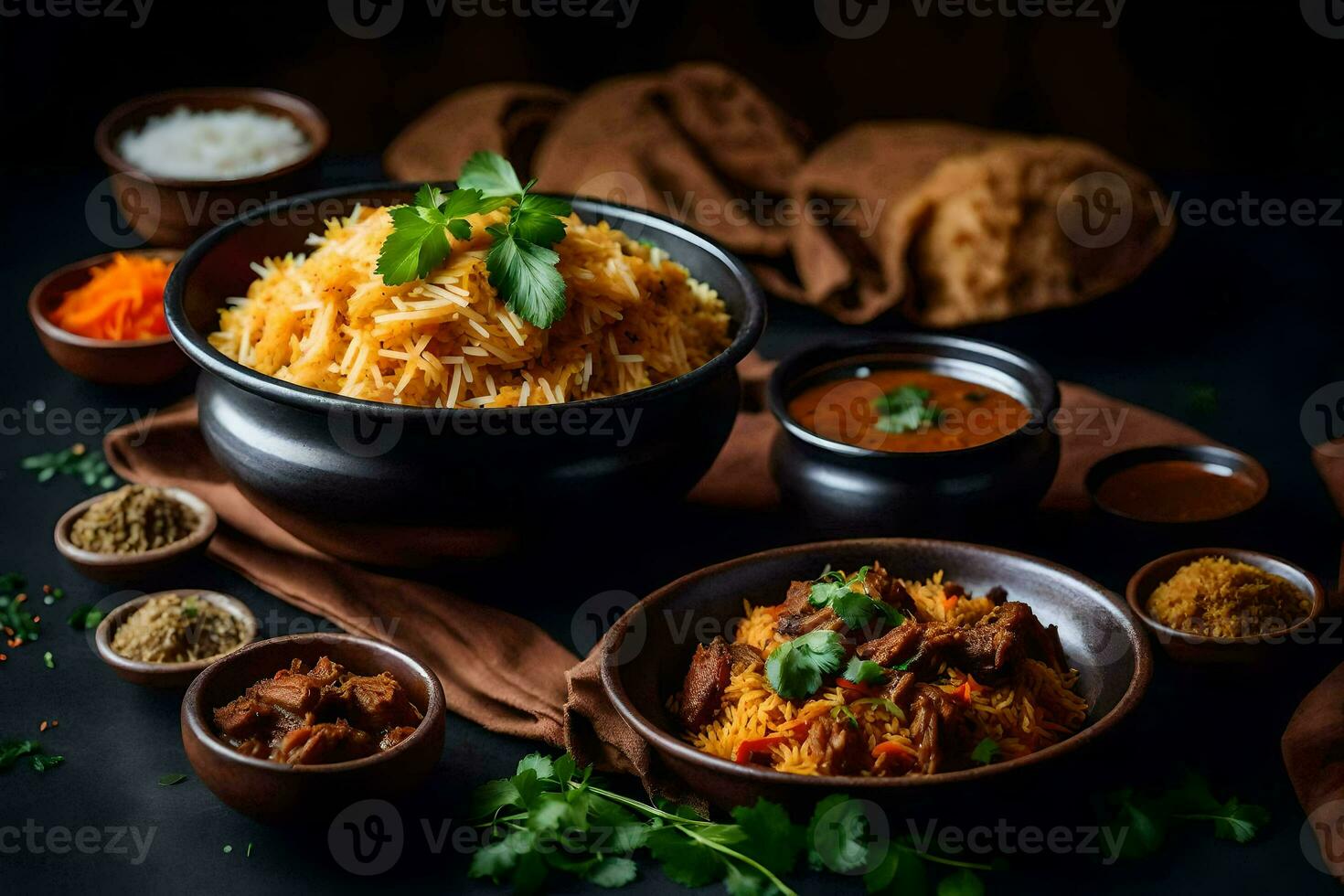 indian food in bowls on a dark table. AI-Generated photo