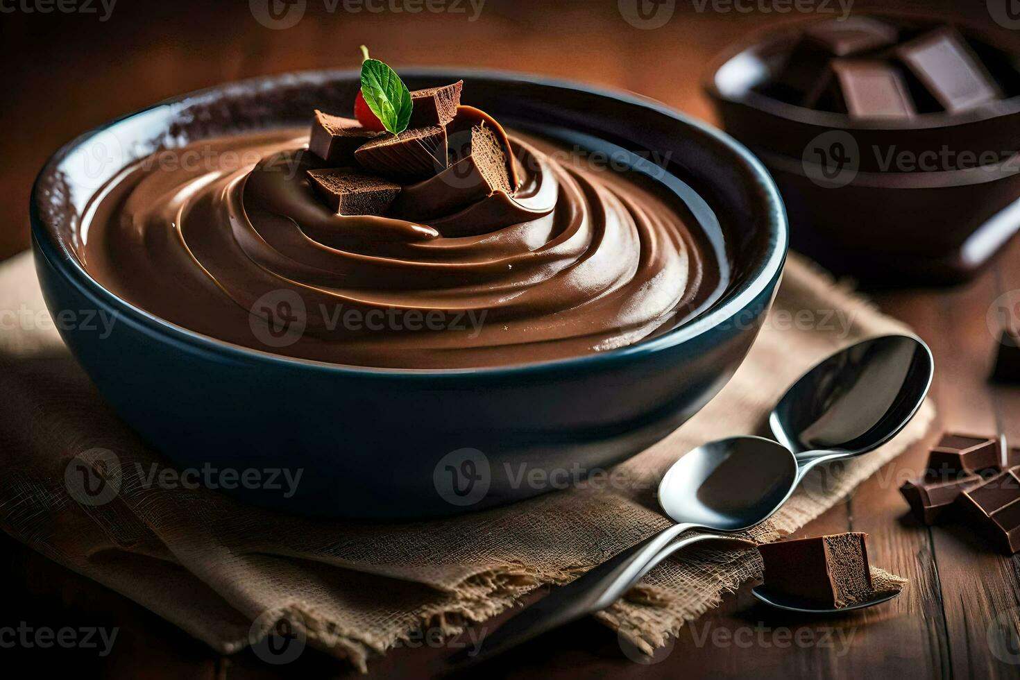 chocolate pudding in a bowl. AI-Generated photo