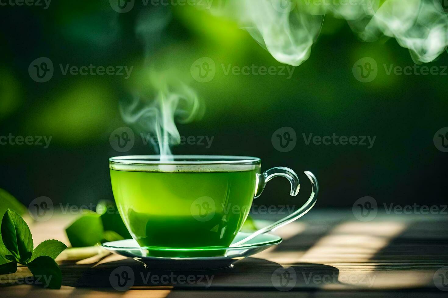a cup of green tea on a wooden table. AI-Generated photo