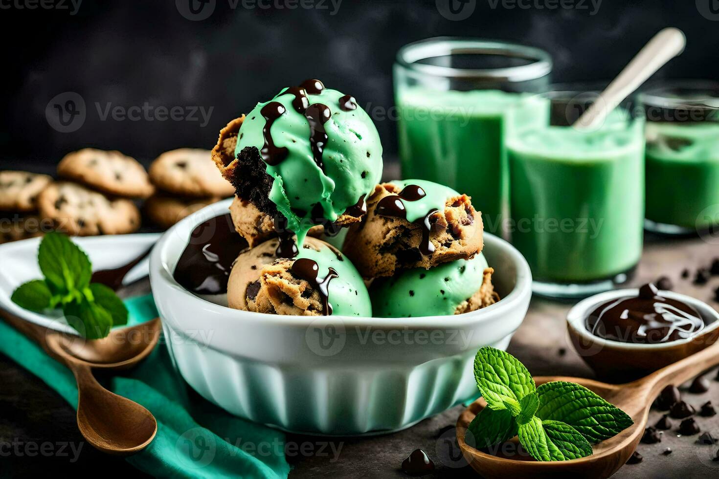 chocolate chip galletas y menta hielo crema en un bol. generado por ai foto