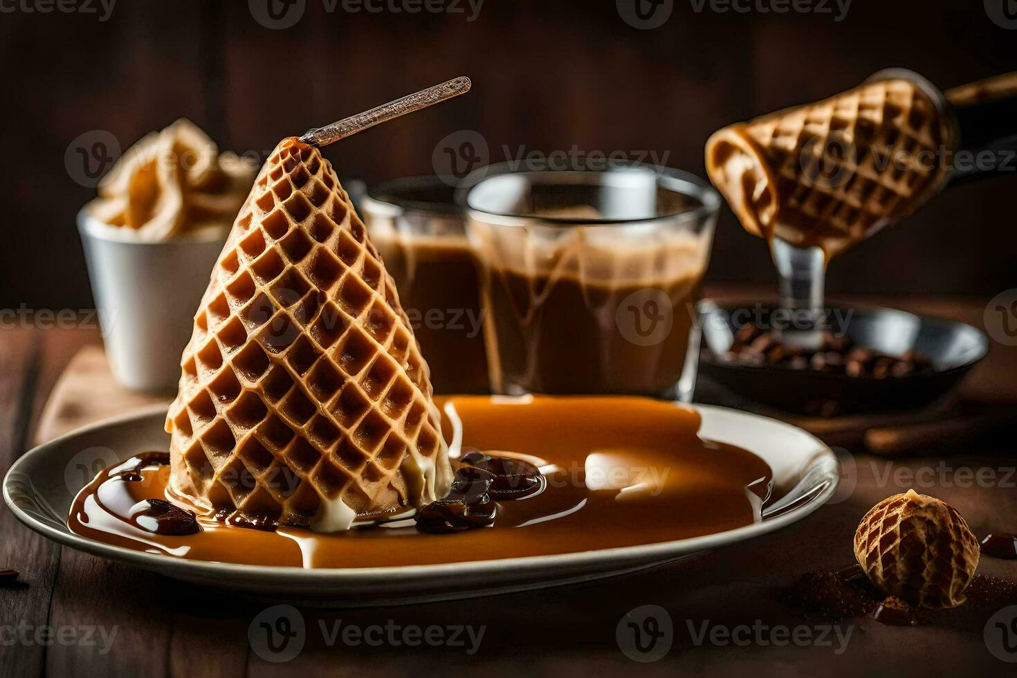 a waffle cone with caramel sauce and coffee beans. AI-Generated photo