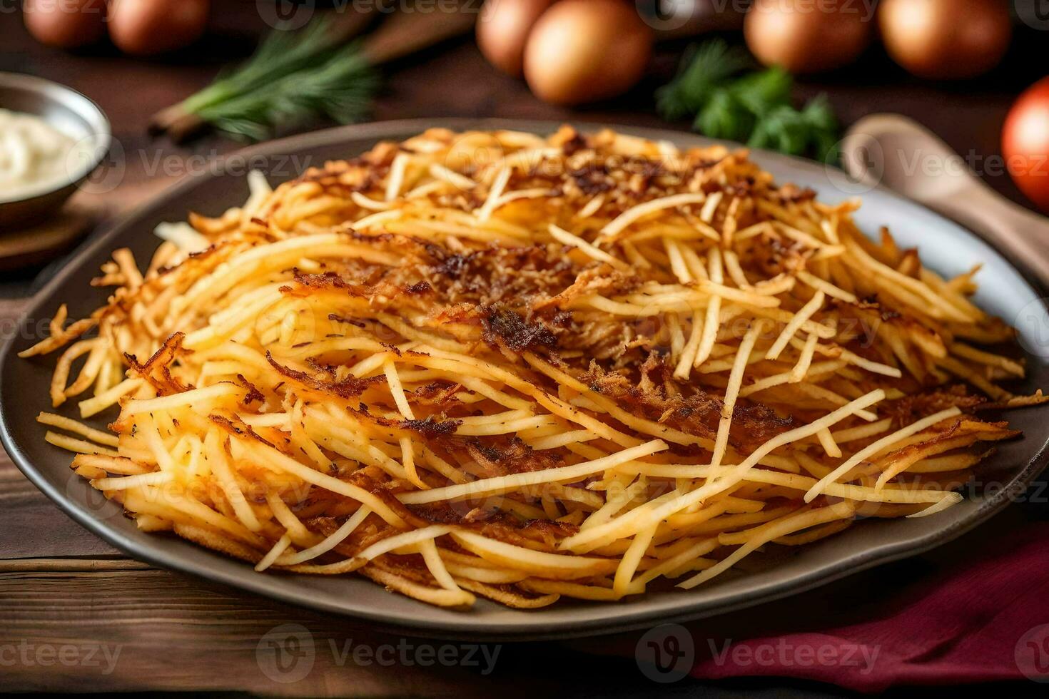 un plato de francés papas fritas con cebollas y huevos. generado por ai foto