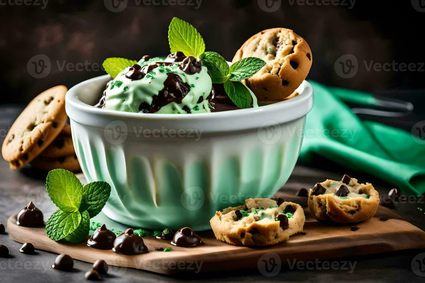 chocolate chip galletas y menta hielo crema en un bol. generado por ai foto