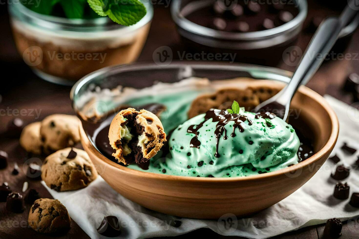 mint chocolate chip ice cream in a bowl with cookies and mint leaves. AI-Generated photo