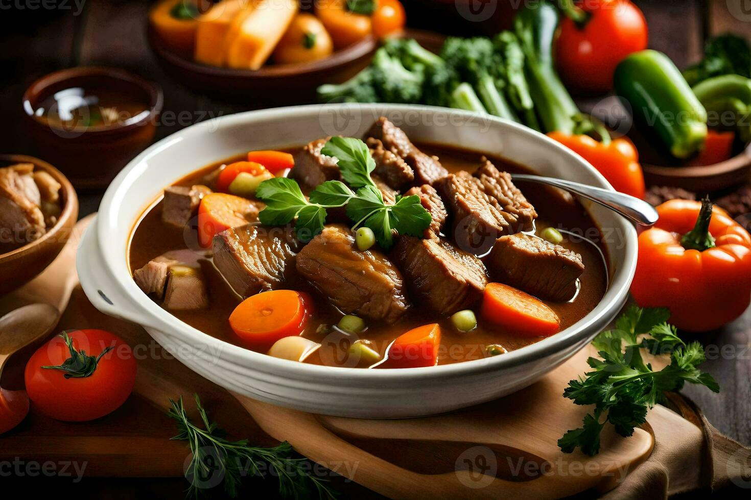 a bowl of beef stew with vegetables and vegetables. AI-Generated photo