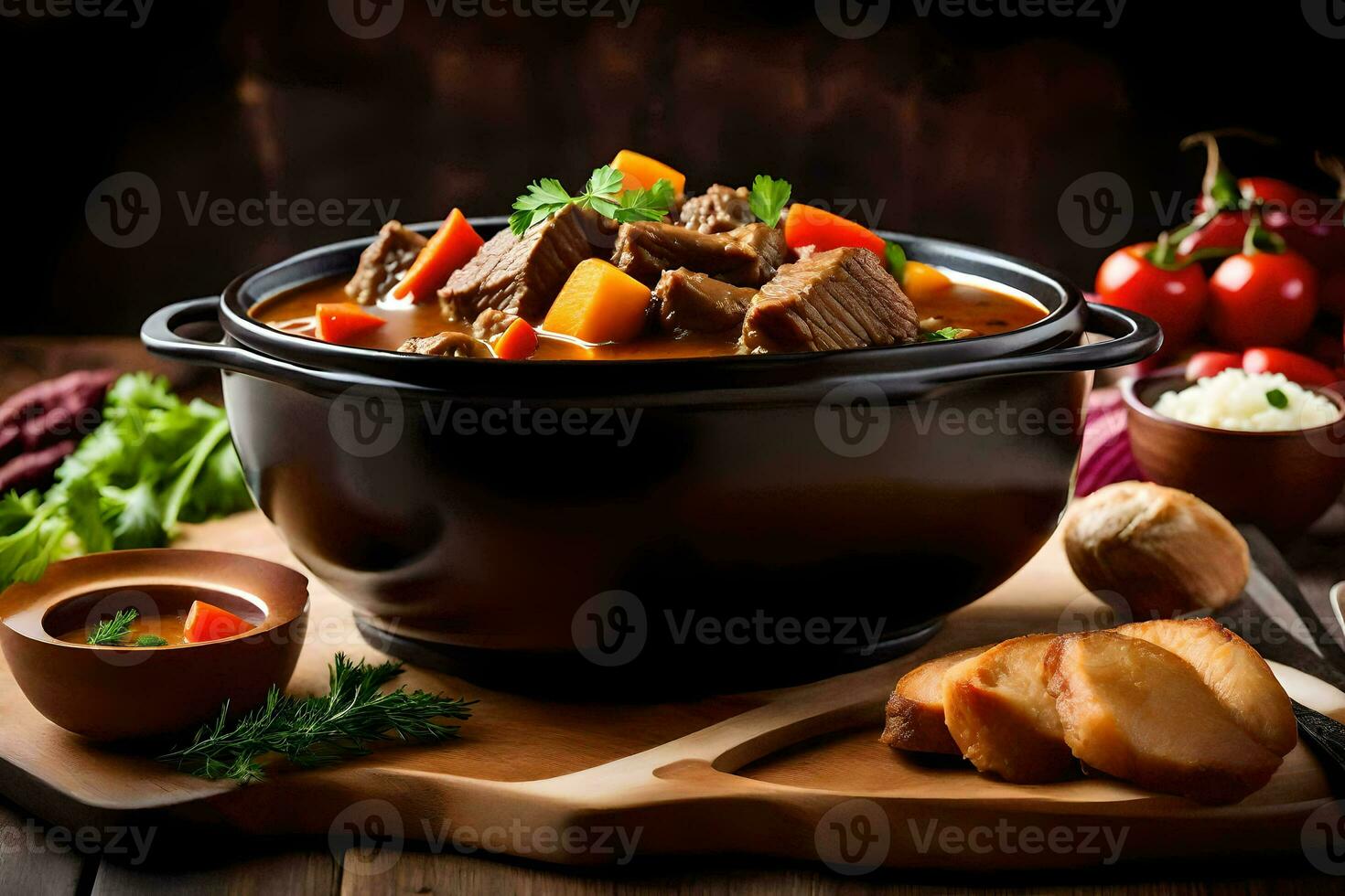 beef stew in a black pot on a wooden table. AI-Generated photo