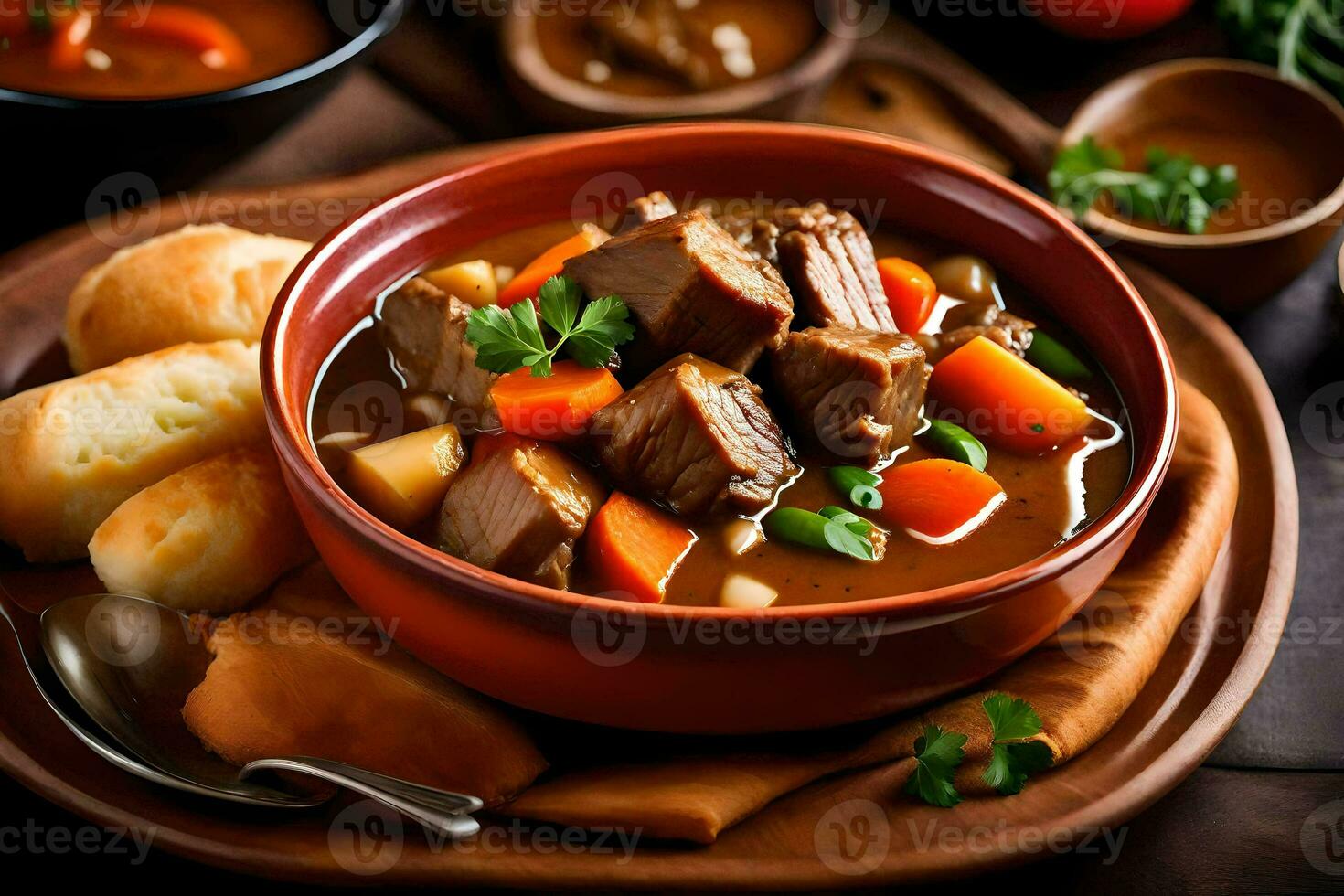 a bowl of beef stew with vegetables and bread on a wooden table. AI-Generated photo