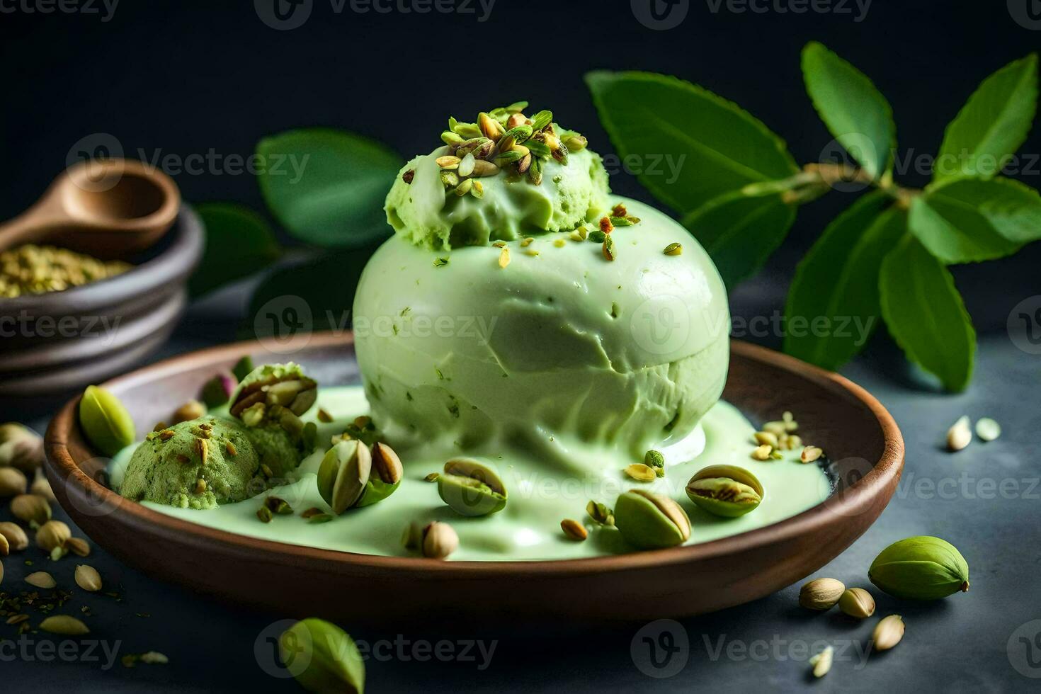 pistacho hielo crema con pistacho nueces en un oscuro antecedentes. generado por ai foto