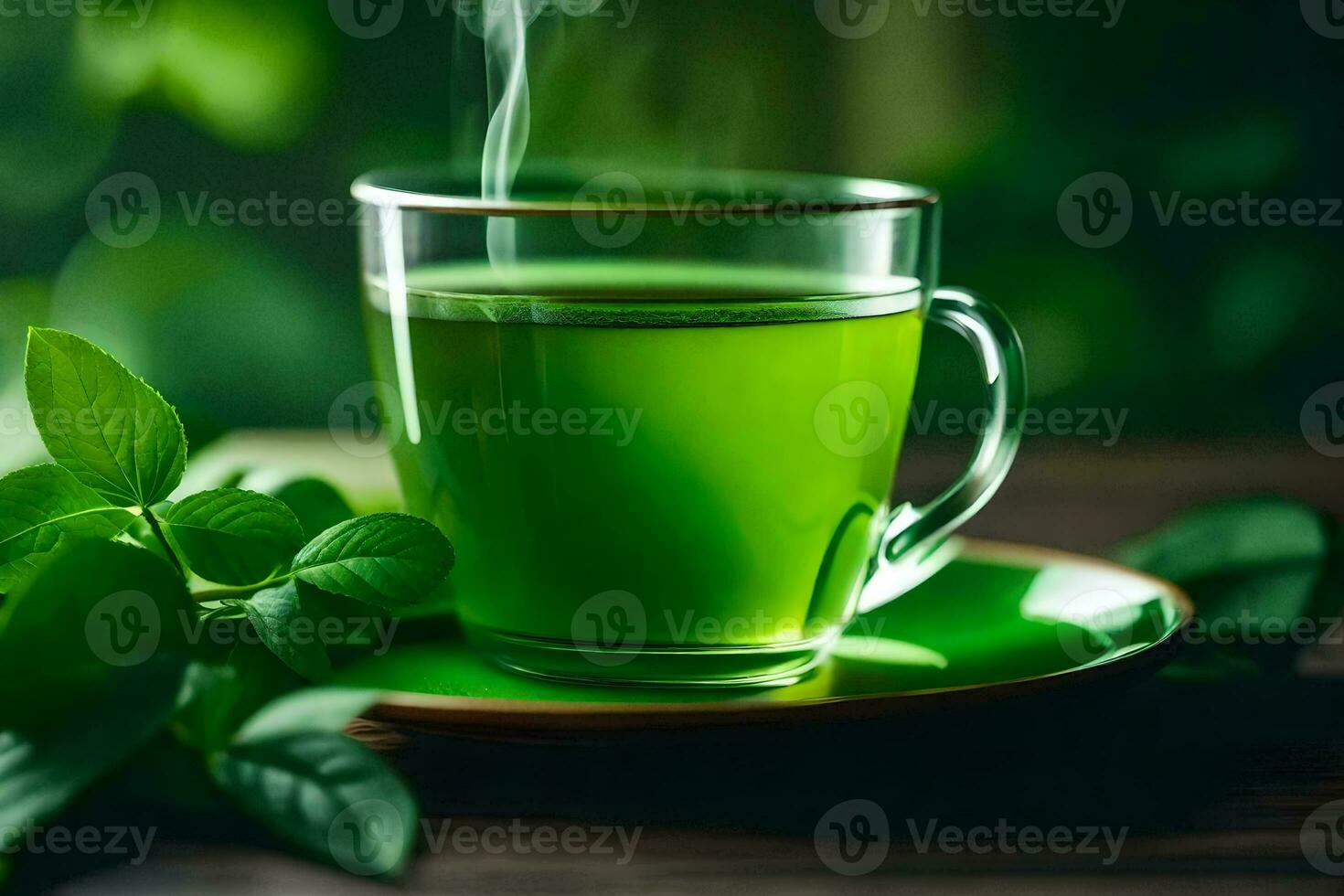 green tea in a glass cup on a wooden table. AI-Generated photo