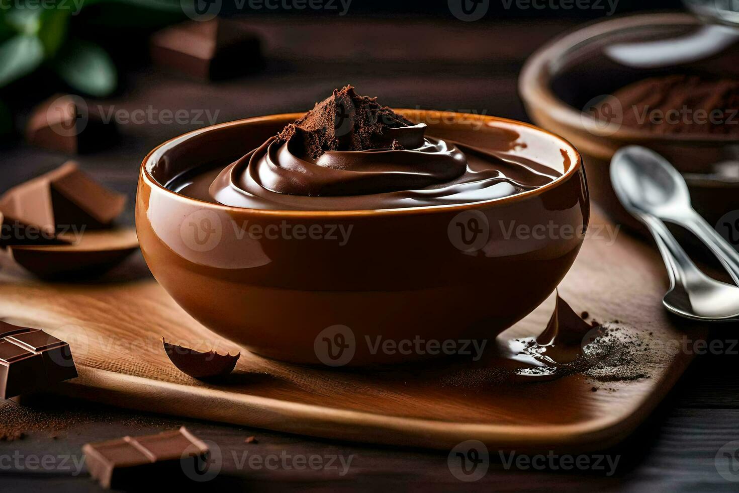 chocolate pudding in a bowl. AI-Generated photo