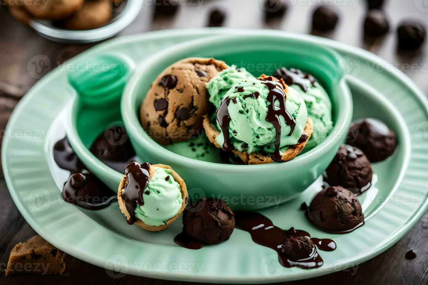 ice cream with cookies and mint. AI-Generated photo