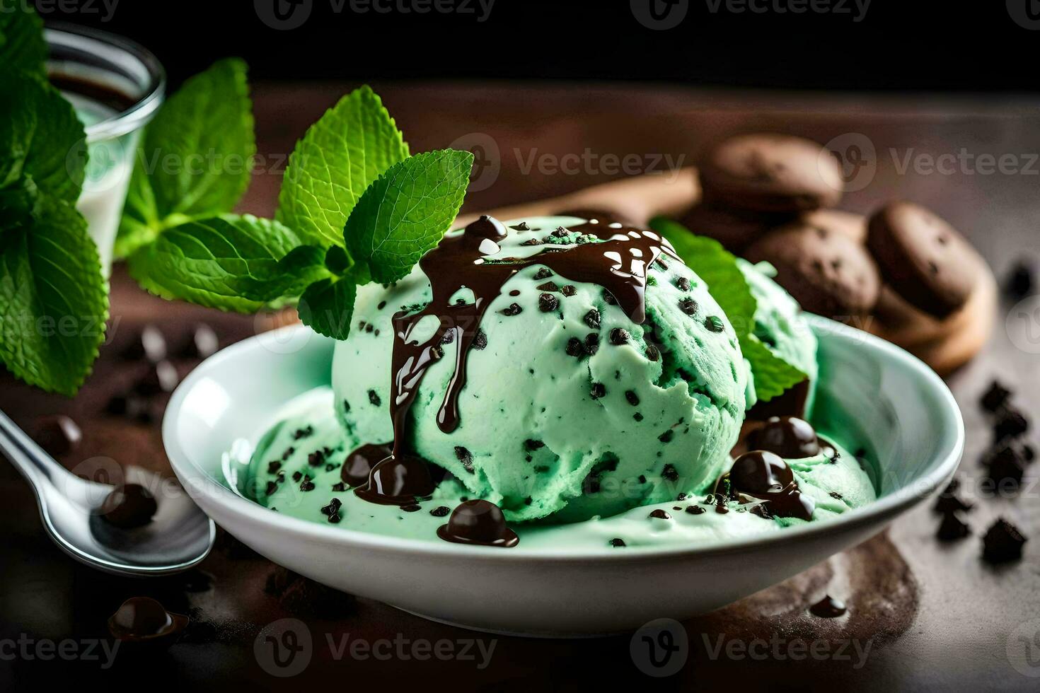 mint chocolate chip ice cream in a bowl. AI-Generated photo