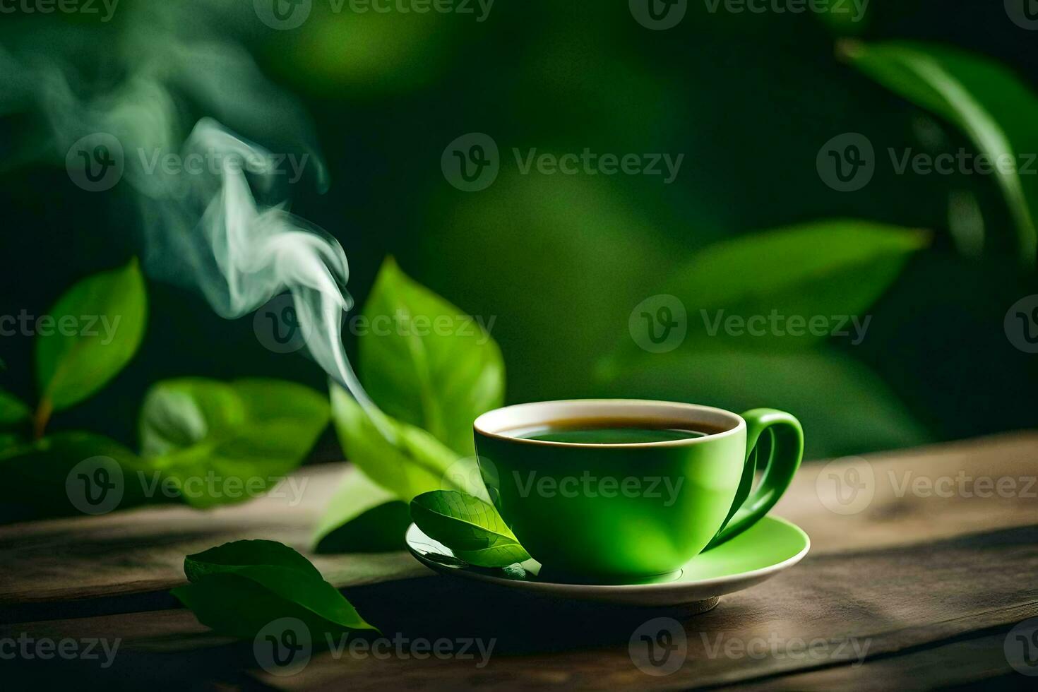 a cup of green tea on a wooden table with green leaves. AI-Generated photo