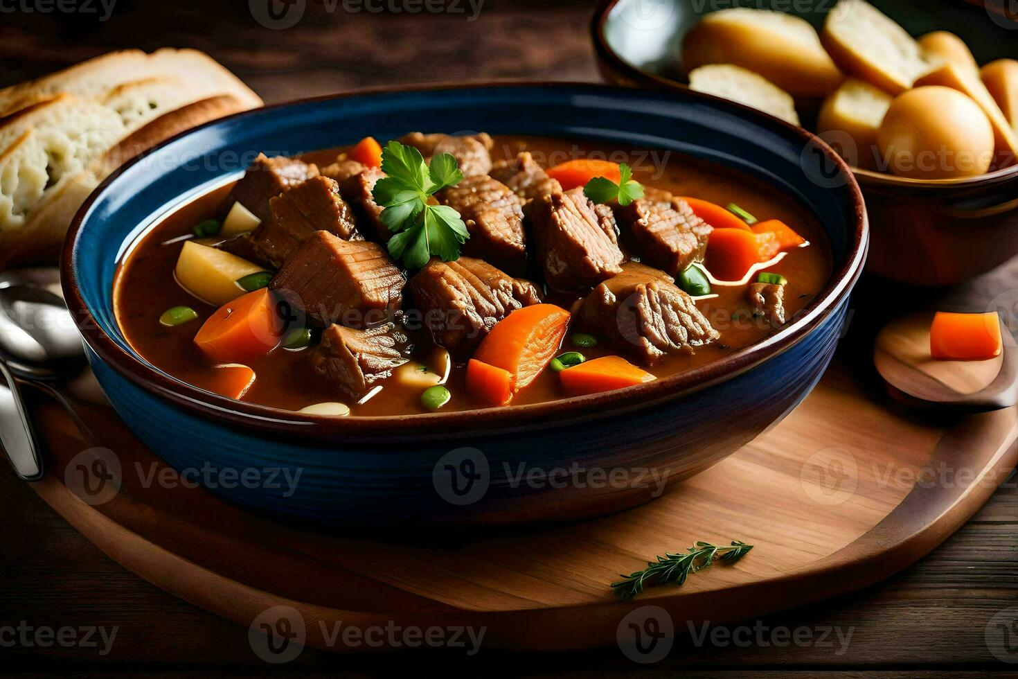 a bowl of beef stew with potatoes and carrots on a wooden table. AI-Generated photo