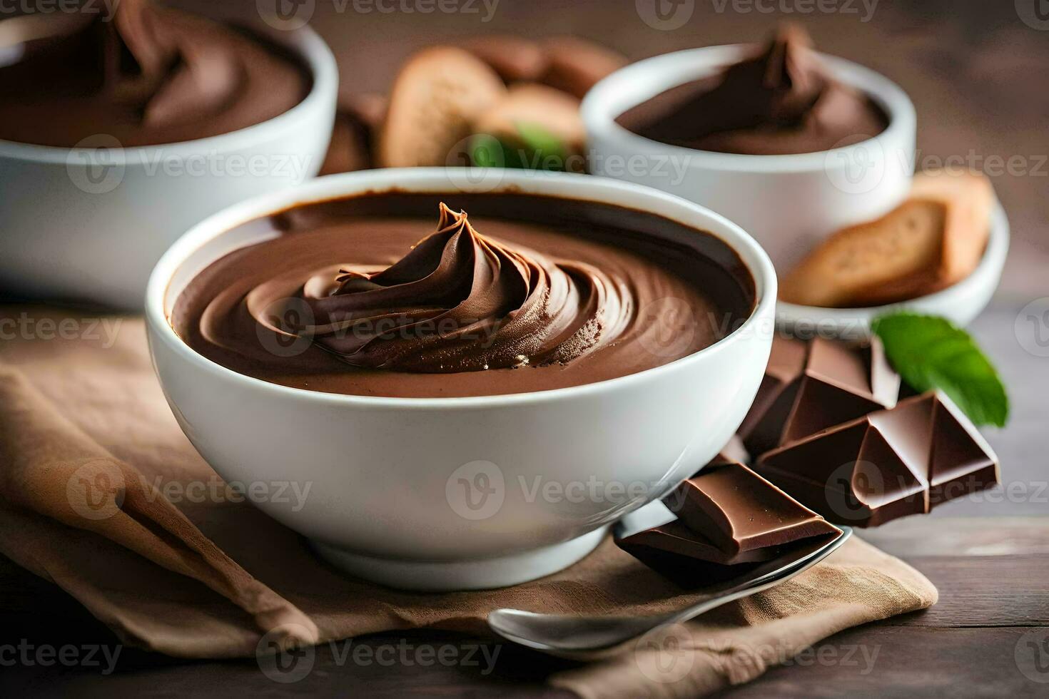 chocolate pudding in a bowl. AI-Generated photo