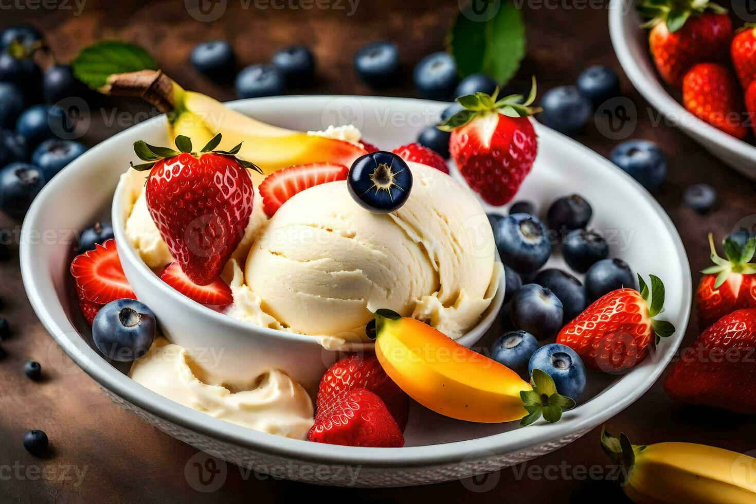 a bowl of ice cream with strawberries, blueberries and bananas. AI-Generated photo