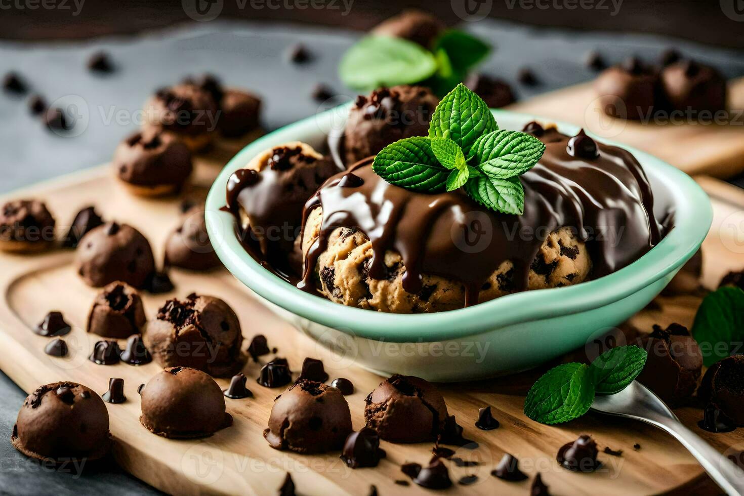 chocolate ice cream with mint leaves. AI-Generated photo
