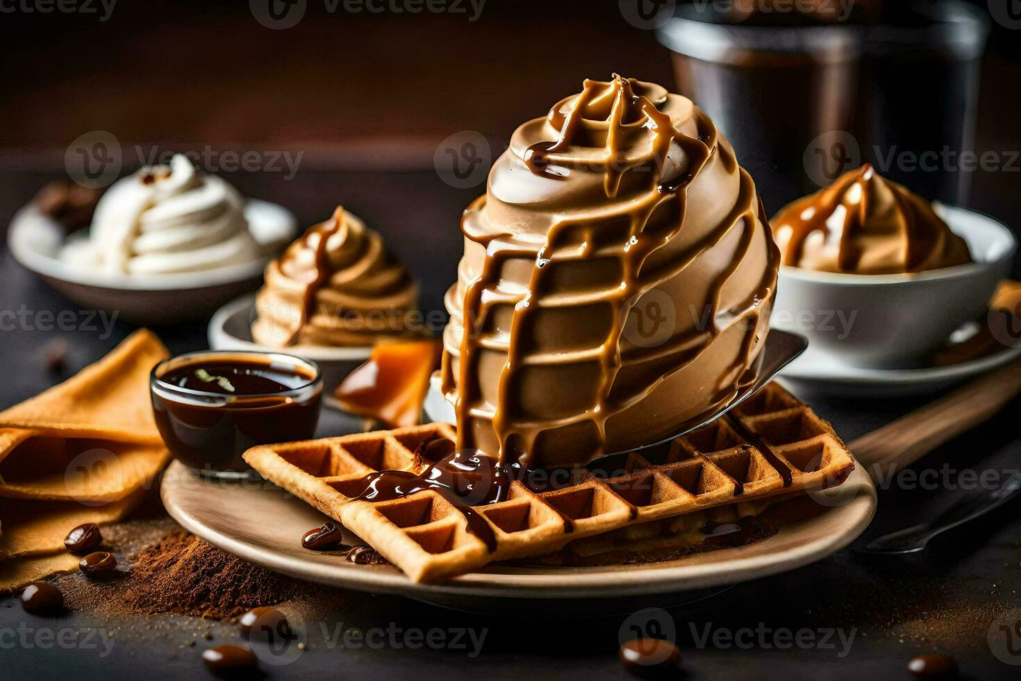 a waffle with chocolate and coffee on a plate. AI-Generated photo